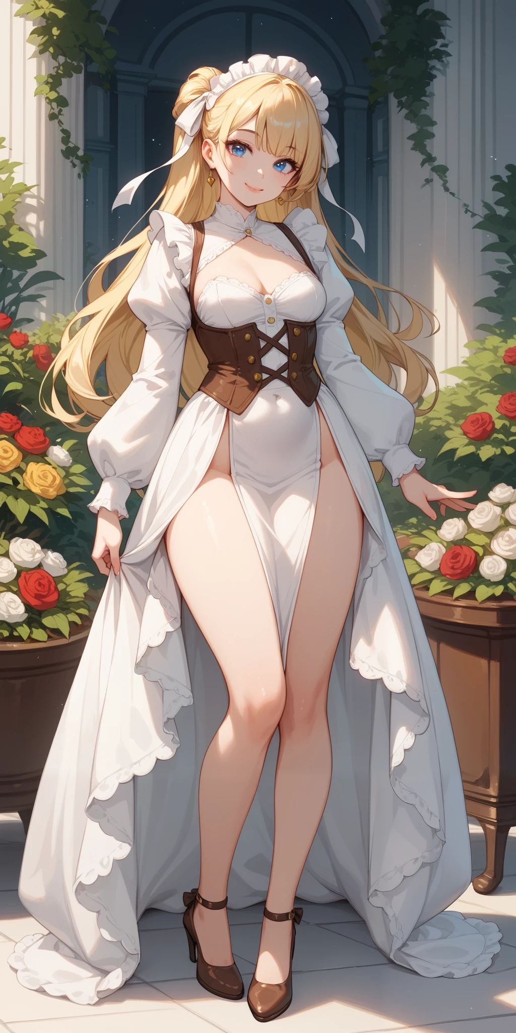 An extremely gorgeous beautiful woman with gold-blonde hair, extremely fair white natural skin, big blue eyes, plump big red glossy lips, medium small breasts, and a perfect slim body. She is only wearing a simple body-covering long floor-length white gown with long puffy sleeves, buttons that hide her cleavage, and brown heels. She is standing straight, her hair tied with a cute ribbon, a soft smile, and a garden in the background. Show her full body.