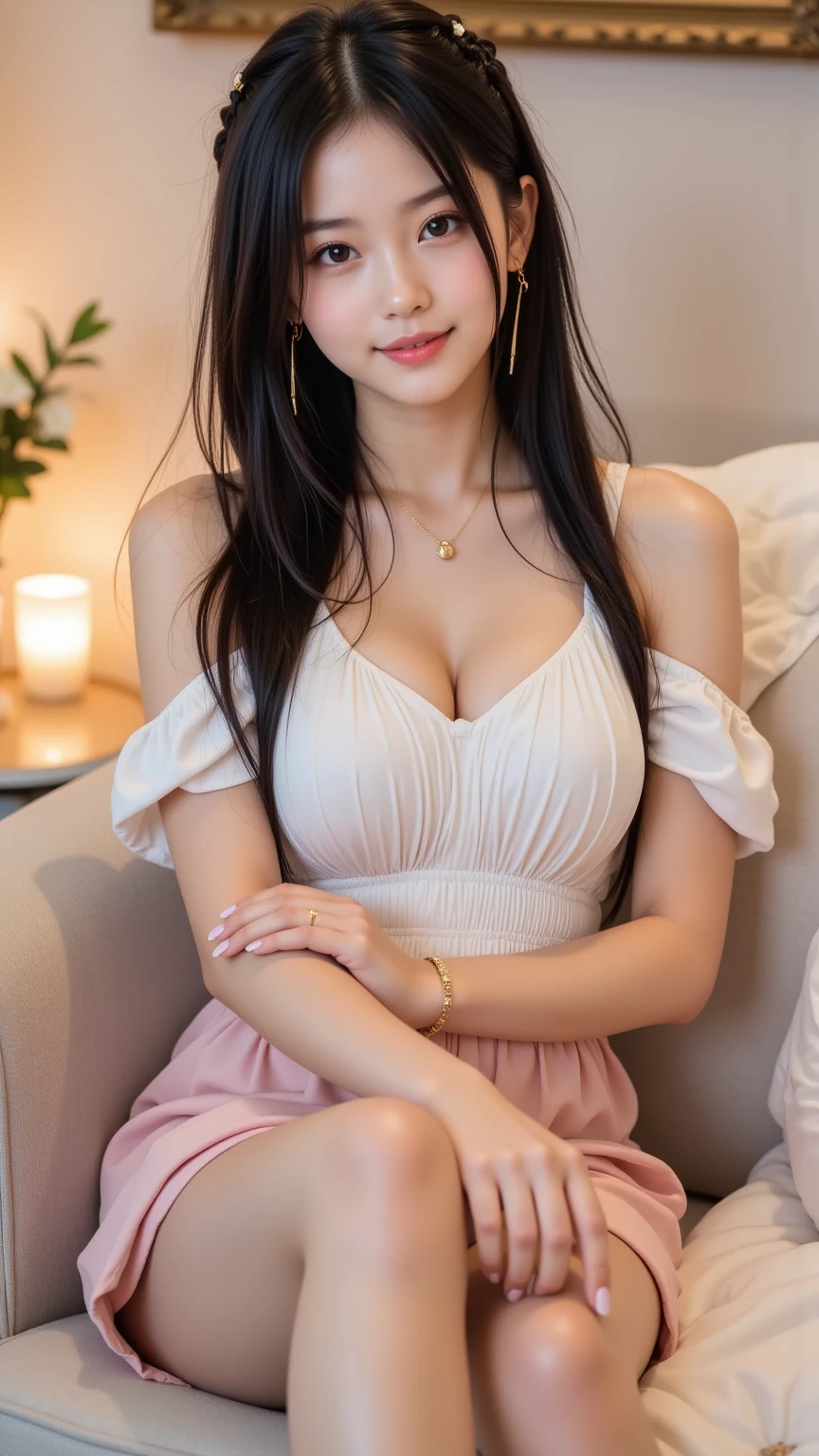 8K,best qualtiy,tmasterpiece,Ultra-high resolution,(Reality:1.4),RAW photogr,(True skin texture:1.3),(filmgrain:1.3),(Selfie angle,pinkdress,Tall floor-to-ceiling windows),1个Giant huge Breast Girl,Beautiful eyes and delicate facial details,tmasterpiece,Best quality at best,closeup full cleavage,The upper part of the body,looking at viewert,(ssmile:1.5),(Grab your hair,Tie it into a ponytail:1.3),Delicate and delicate hands