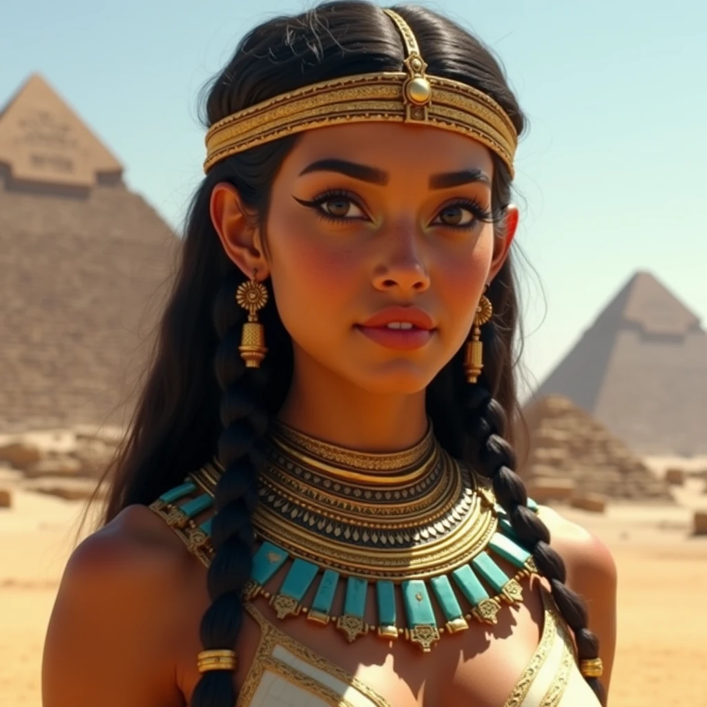 ((best quality)), ((chef-d'artwork)), (detailed), femme avec visage parfait, cat head goddess Bastet; Ancient Egyptian Queen Dress, bijoux precieux, couronne antique pharaon; The Cheops pyramid in the background; Peplum film effect; dim light;