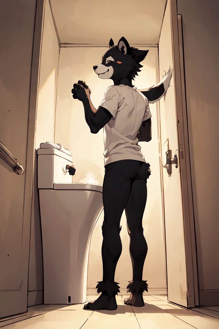 by angiewolf, hioshiru, puro, anthro, male, solo, no clothing, nude, fur, shota, 2022, white fur, lidded eyes, Tail, big ass, long legs, yiff, sitting on toilet, diarrhea, bathroom background