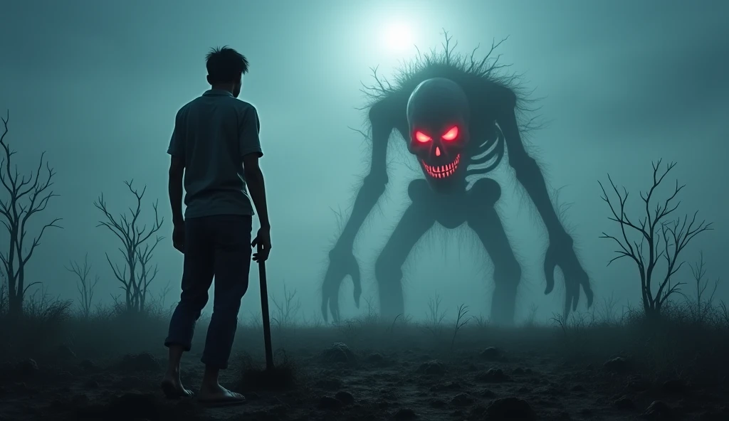 Please, create an image of a cemetery in a dark realistic style. In the center of the image, There is a man standing with a terrified expression. He is trying to get away or defend himself. The man is wearing casual clothes, like a shirt and pants, that look a little wrinkled or messy.
To the left of the man, a zombie is approaching. The zombie has a scary appearance, with wrinkled and decomposed skin, Exposed in parts and with visible bones. His clothes are torn and dirty.. The zombie is reaching out his hands towards the man, and the zombie's hands are firmly gripping the man's arm or waist. The zombie's fingers are curled and have a sinister appearance., with long dirty nails. wider image. but perfect