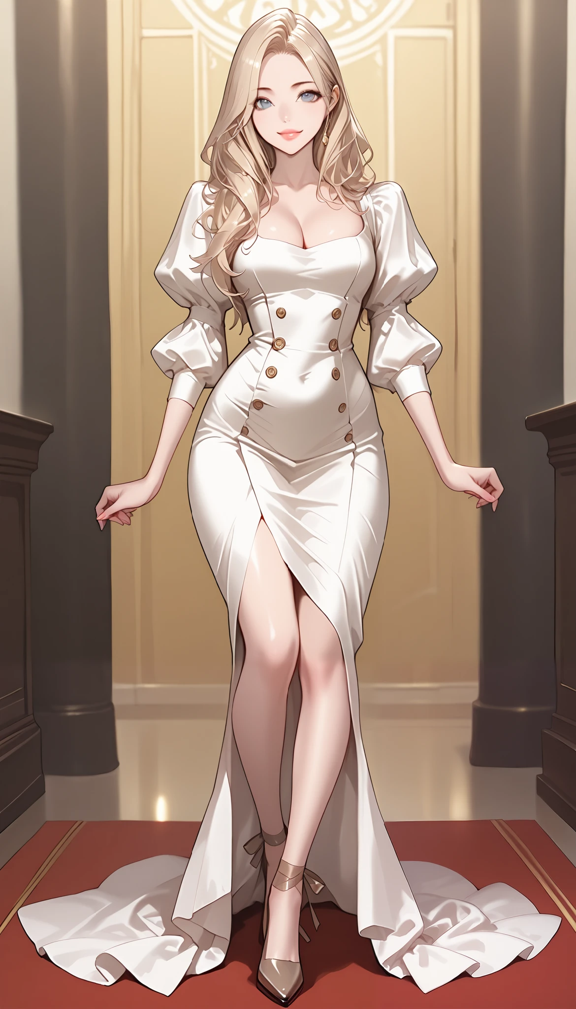 An extremely gorgeous beautiful woman with gold-blonde hair, extremely fair white natural skin, big blue eyes, plump big red glossy lips, medium small breasts, and a perfect slim body. She is only wearing a simple body-covering long ankle-length white gown with long puffy sleeves, buttons on the cleavage area, and brown heels. She is standing straight, her hair tied with a cute ribbon, and a soft smile. Show her full body.