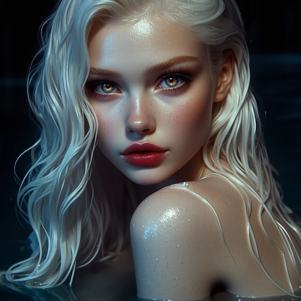 A breathtaking, editorial-quality image of a stunning Nordic woman bathing nude in a tranquil lake under the moonlight. She stands with her back to the viewer, her robust, amazonian physique on full display. As she looks over her shoulder, her piercing blue eyes meet the viewer's gaze, adding a sense of allure and confidence.

Her tall, powerful frame is both muscular and graceful, with a large, shapely buttocks and perfectly proportioned breasts that highlight her strength and beauty. Her long, white hair cascades down her back, illuminated by the moonlight and adding an ethereal quality to her appearance.

The soft, pale glow of her skin contrasts beautifully with the dark, reflective water of the lake, accentuating the flawless contours of her powerful body. Droplets of water glisten on her smooth skin, emphasizing the natural beauty and athleticism of her form.

The scene is set against a serene, moonlit night with a detailed, realistic background. The VFX and lighting create a magical atmosphere, capturing every detail of her robust, amazonian physique and the tranquil setting. The image blends beauty, strength, and serenity, resulting in a visually stunning and evocative portrait."







