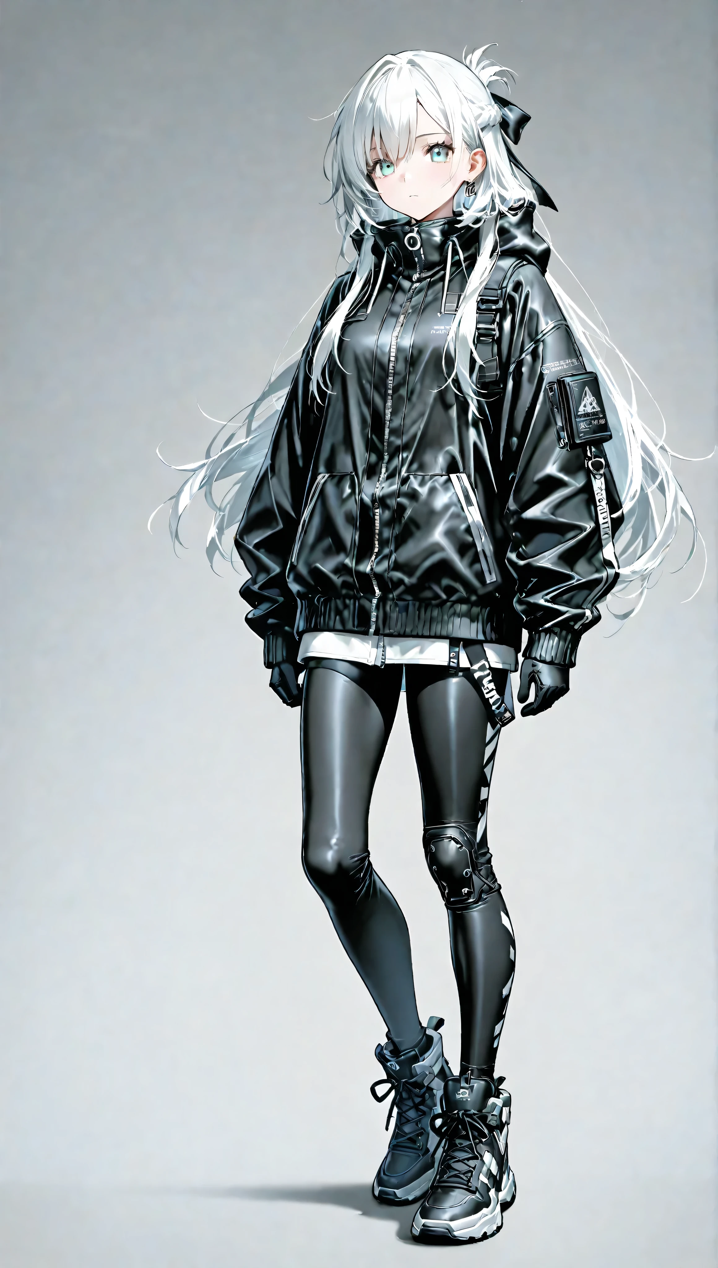 a woman with white hair wearing a tight black jacket , in the style of mashup of styles, light gray and light bronze, edgy, soft-focus technique, dark white and dark cyan, soft edges, eye-catching --ar 36:53 --stylize 750 --v 6