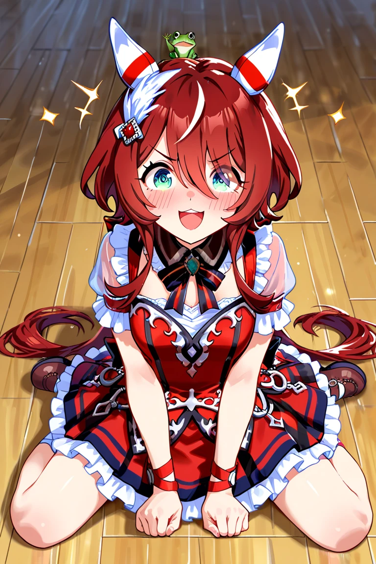 (highres, best quality), mirishita style, 1girl, solo, {idol dress, masterpiece}, {dynamic}, smile, red hair, grey eyes, {side ponytail}, long hair