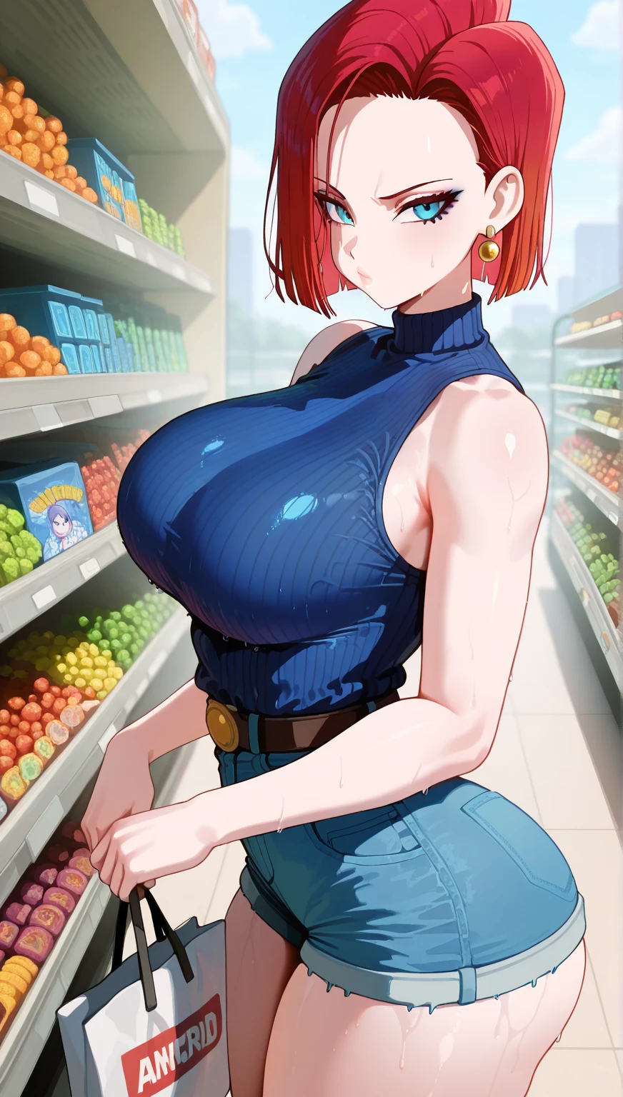 thin physique, sweet lips, pink natural hair, tropical blue eyes, freckles on the nose,, standard red sneakers, nose and ear piercings, restaurant full body (NSFW breasts), hdri, extremely naked, nude, nua, pelada, nsfw, gigantic breast 1.9