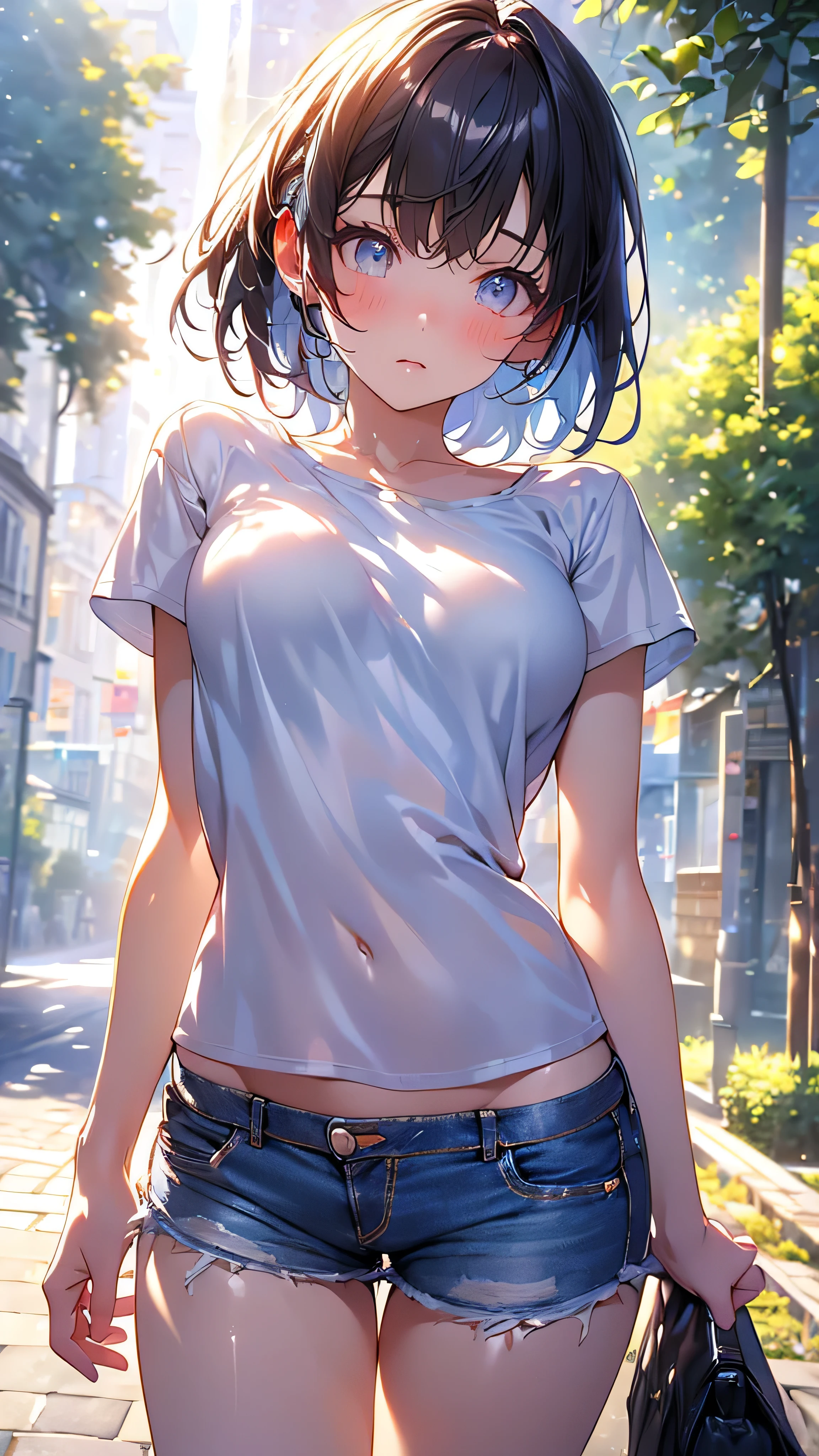 ((masterpiece, Best Quality, high resolution, NFSDW, Perfect Pixels, depth of field, 4K,16k)), headphones、1 girl,  single, Alone, On, Clothes with Holes Everywhere, Beautiful Art Style, close-up, Perfect Body, Yuigahama Yui, hair bun, short hair, nsfw,Tie a white t-shirt, denim shorts, (Full Face Blush, [shining eyes]), Outdoors, street tree, Sunshine, arm, shiny skin,from below, 、full body shot、8k
