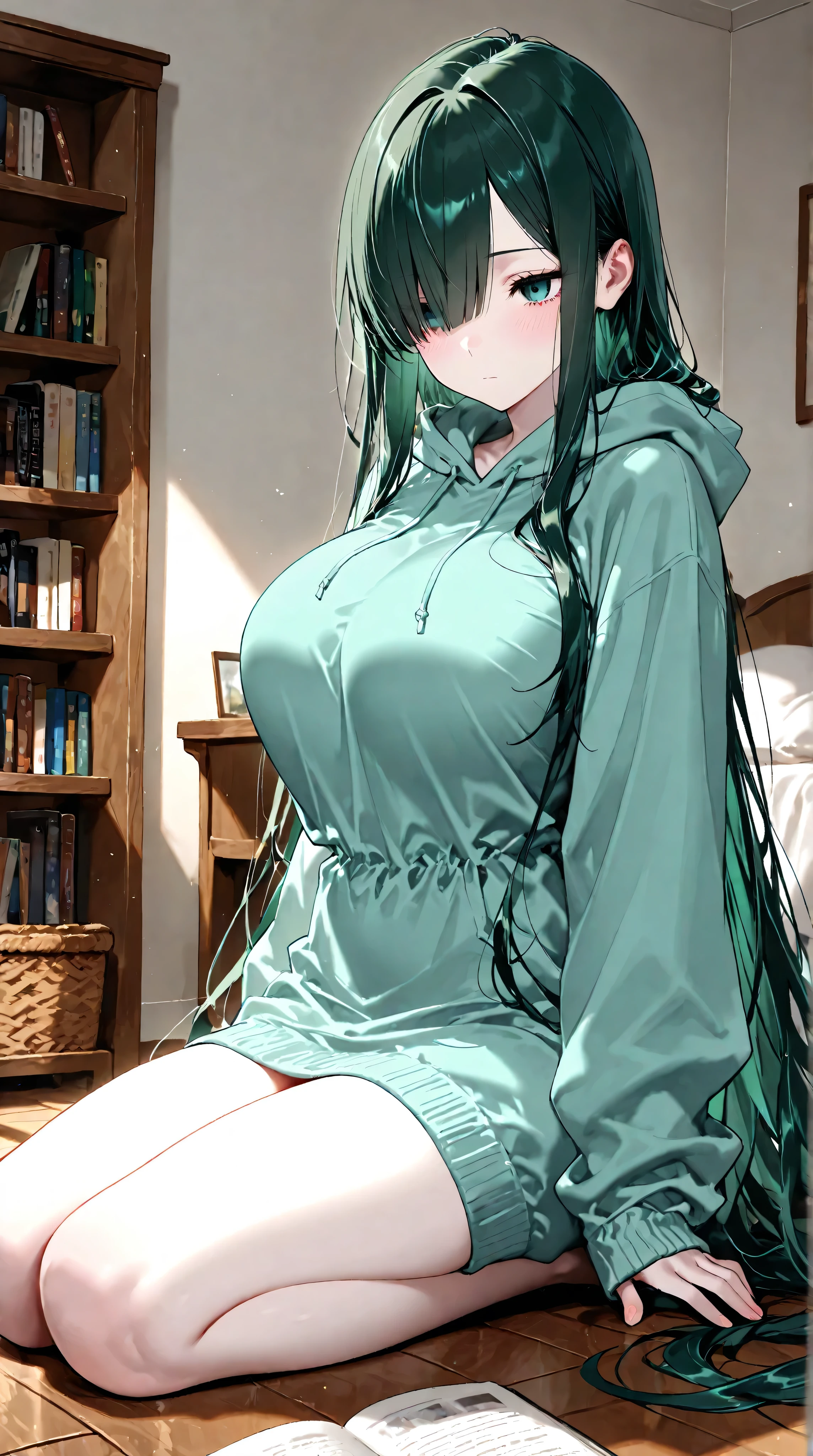 masterpiece, best quality, extremely detailed face and eyes, delicated features, female focus, 1girl, Itoshi rin, Blue Lock, very long hair, dark green hair, teal eyes, hair over right eye, expressionless eyes, big breasts, slender, curvy, petite, cute, beautiful, shy, ((lovely)), pale skin, hoodie dress, solo, kneeling, bedroom, table, book, shelf