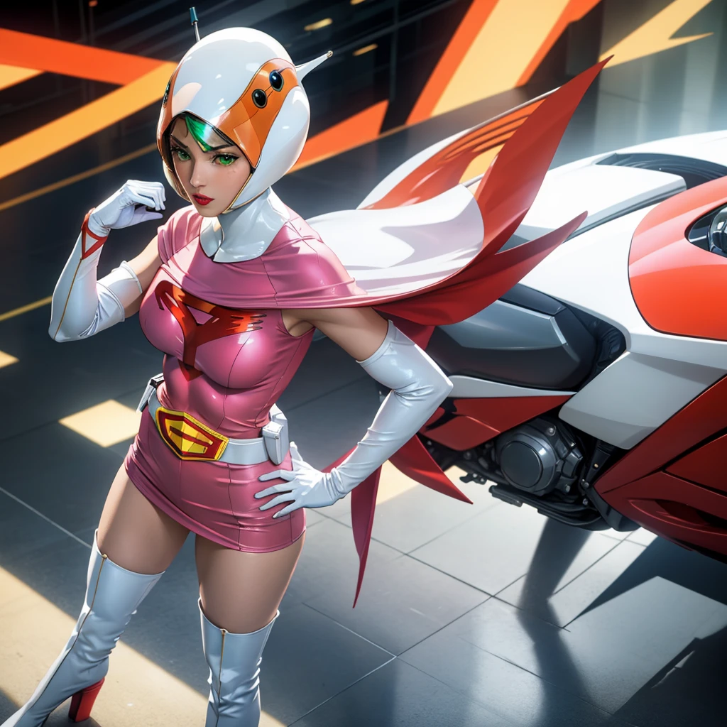 ANI_CLASSIC_jun_gatchaman_ownwaifu,1girl, 15yo,good anatomy, masterpiece, best quality,realistic, hyper realistic, 16k hdr, long hair,breasts,lips,large breasts,lipstick,makeup,gloves,cape,helmet,belt,elbow gloves,white gloves,mask,ultra miniskirt,leotard,spacesuit,white tight overknee highheels boots,pink dress,superhero,bodysuit,cleavage,erected nipples,(kick ass poses),cameltoe