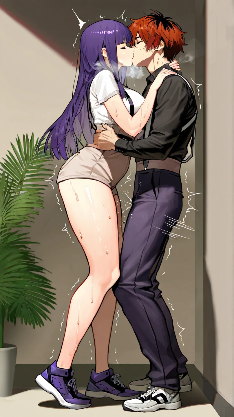 1 woman, purple hair ponytail , Close your eyes.... , sly face , naked , abdomen, big breasts , Long legs , stretch , Barefoot // 1 man , old man , gray hair , hugs and kisses , work clothes , embrace (Man hugs and kisses woman..) , alley , at night