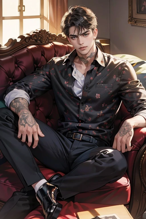 a handsome man with tattoos sitting on a couch, beautiful detailed eyes, beautiful detailed lips, extremely detailed face, short black hair, leather shoes, serious expression, Sanpaku, (best quality,4k,8k,highres,masterpiece:1.2),ultra-detailed,(realistic,photorealistic,photo-realistic:1.37),dramatic lighting,dramatic shadows,gold chain,floral shirt