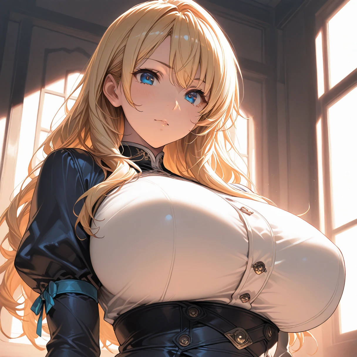 masterpiece, highest quality, best quality, official art, beautiful and aesthetic: 1.2), (1girl), extremely detailed, (fractal art: 1.3), colorful, highest detailed, perfect face, upper body, HDR, bright colors, yuuri, garage, mechanic, standing, breast focus, breasts, large breasts, bare breasts, naked, nude, boob window, sexy, wide hips, thicc figure, Detailed blue eyes, Detailed face, Detailed eyes, perfect face, perfect eyes, wearing blue overall jumpsuit, overall jumpsuit, blue jumpsuit, breast window, naked breasts, smug, smug grin, smug expression, fangs