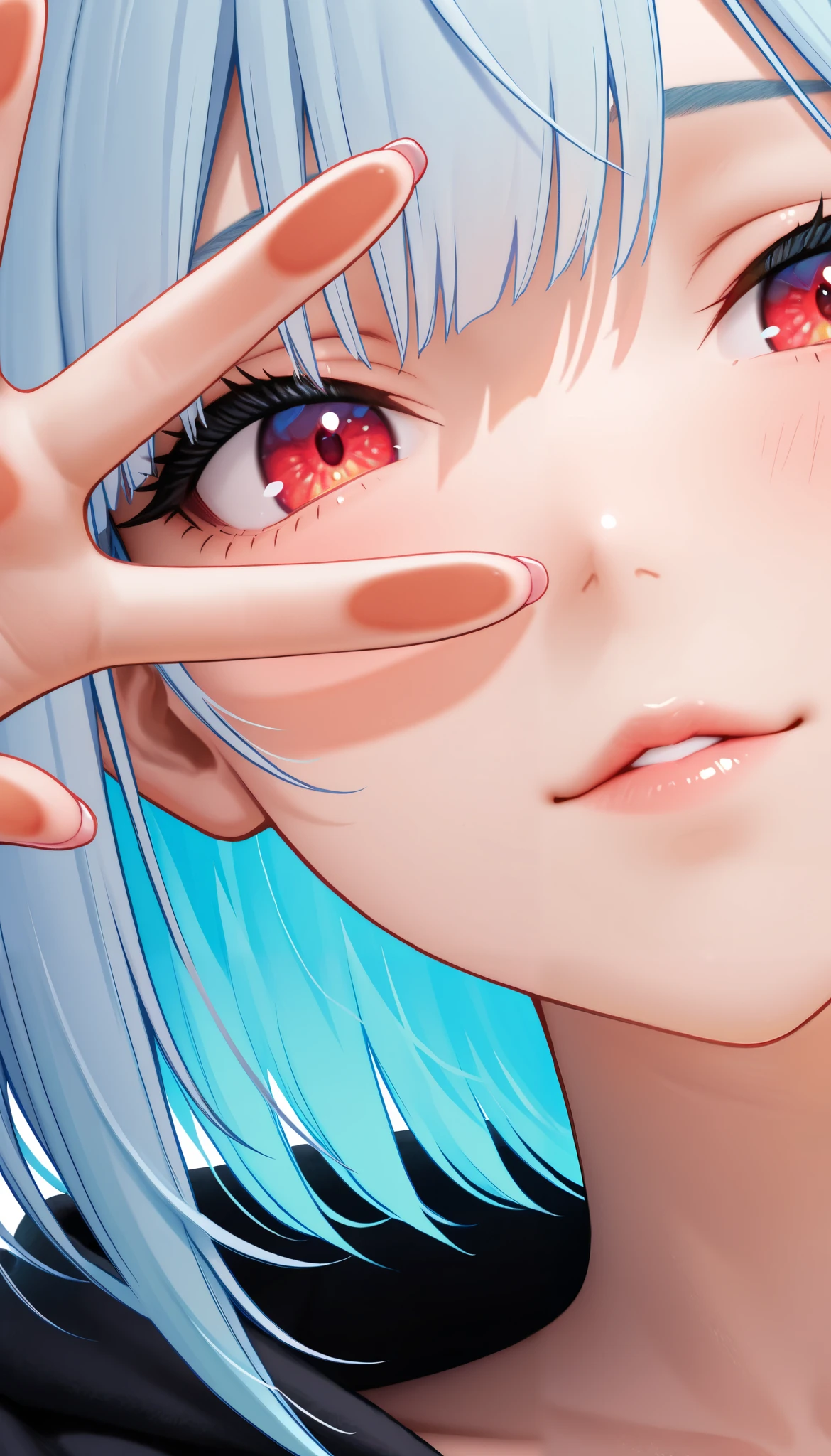 ( Ultra Detailed, masterpiece , top quality, 8k, very aesthetic, realistic and detailed CG , sharp concentration , Super Fine), close-up,zoom up,cute woman, (large black hoodie with dowels) beautiful eye detail, textured skin, beautiful skin on hands, Long Lashes, red eyes, round eyes), ( beautiful hair with great attention to detail , one eye is hidden by bangs, bob hair, Light Blue Hair Color,pink inner hair color ), ( sad, plump lips , ), ( thin lips, beautiful feet,)Press your cheeks and palms against the glass,Looking from below to above