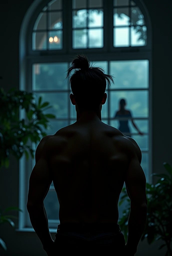 The pitch-black silhouette of a lonely,a handsome two Young man,Very good figure,cute,short haircut,tan skin,Not wearing a shirt ,wearing bikini underware, who could only experience life from what he saw through a single window with only four windows.Everything is dark in his world and environment.while light, love, and happiness can only be seen through one window.Inside there was only darkness and shadows.While the colors are beautiful and bright happy people and countless wonders lie outside
