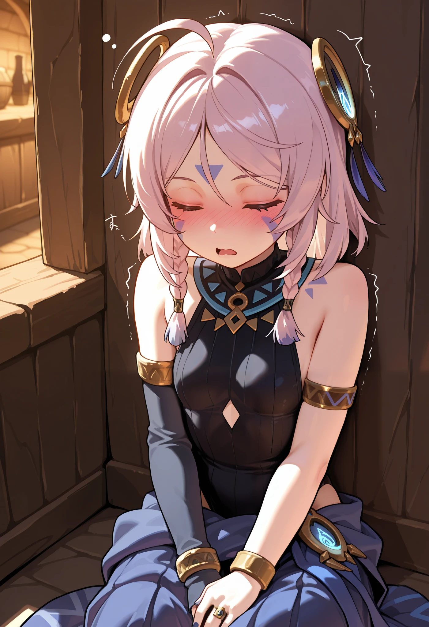 masterpiece, best quality, absurdres, highres, 1girl, solo, age down, small breasts, citlali, medium hair,facial mark, twin braids,ring hair ornament, long skirt , single detached sleeve, black leotard , armlet, blue nails, ahoge , locked tattoo, jewelry, sleeping, sitting on ground, shaking, cowboy shot, snoring, drunked, blushing, hands in lap, opened mouth, closed eyes, against wall,tavern, front view, Oversized clothes, oversized leotard, oversized skirt, oversized sleeves,