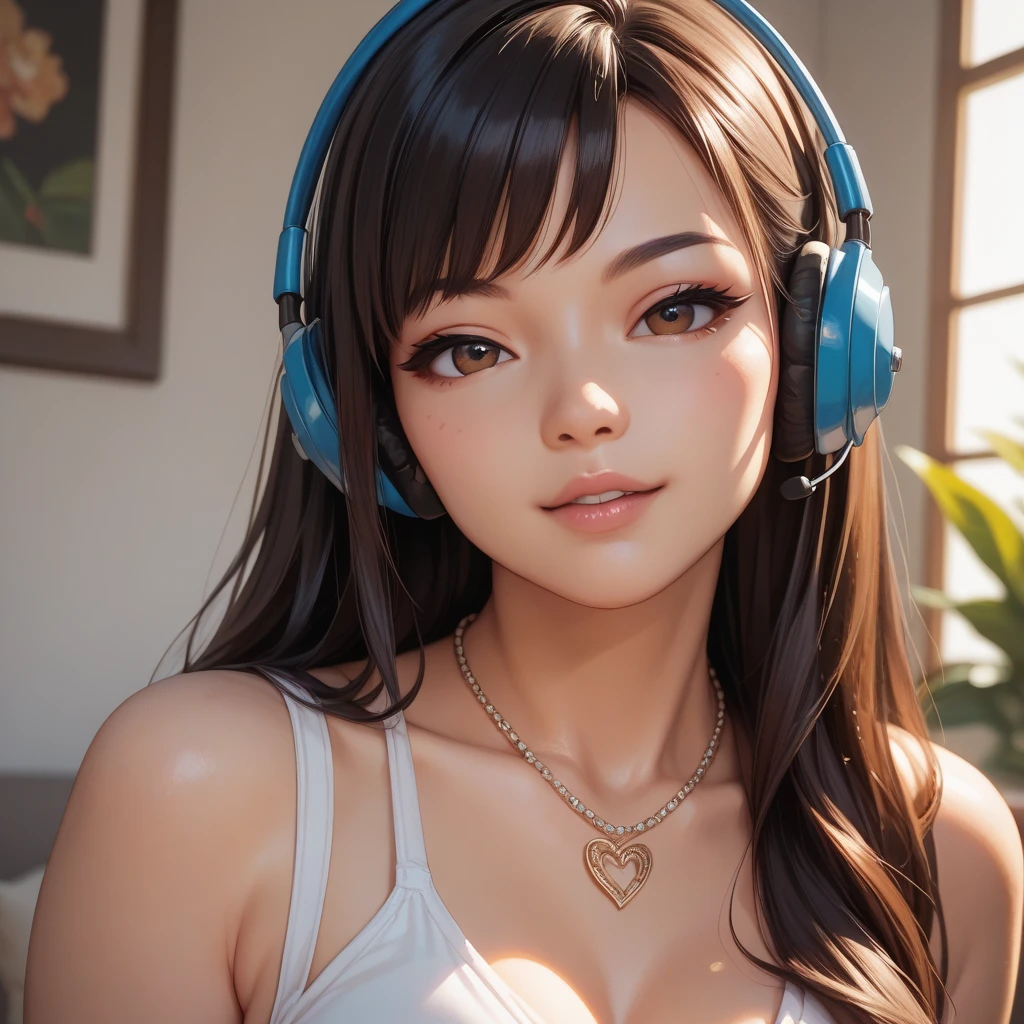 masterpiece, ((ultra detailed background, delicate pattern, intricate detail)), (highly detailed, fine details), best quality, beautiful lighting, (portrait), ((medium breasts, slim girl)), NicoRobinV2, 1girl, black hair,
playing games, sitting, room, large breasts, hoodie, wearing hood, cag headphones, focused, (dim-lit room),((nighttime:1.5)), {correct posing}, {minute details} {extremely beautiful}, {from front:0.8}, ((masterpiece:1.4)), ((best quality:1.4)), extremely delicate and detailed anime body, detailed background, correct posing, ((raytracing)), ( intricate clothes), detailed body, long hair, solo, medium breasts, (smile), sunglasses, blue eyes, eyewear on head, cleavage, closed mouth, hair slicked back, jewelry, collarbone, blur, depth of field, abstract, surreal, incredible lightening, beautiful shapes, In the cyberpunk basement, Cyberpunk era, Dark and underground, Poor neon lighting. It has a shabby leather sofa and a table, A girl uses a laptop. Cyberpunk graffiti and punk band poster on the wall, dystopian, illuminations, V 5.2, Style reputation, AR 16:9, Broken glass effect, No background, Stunning, Something that doesn't even exist, Wonderful presence, energy, molecular, Textured, Iridescent colors and glowing scales, breathtaking beauty, Pure perfection, divine presence, Unforgettable, Impressive, breathtaking beauty, volumettic light, has cleavage, Rays, Vivid color reflections