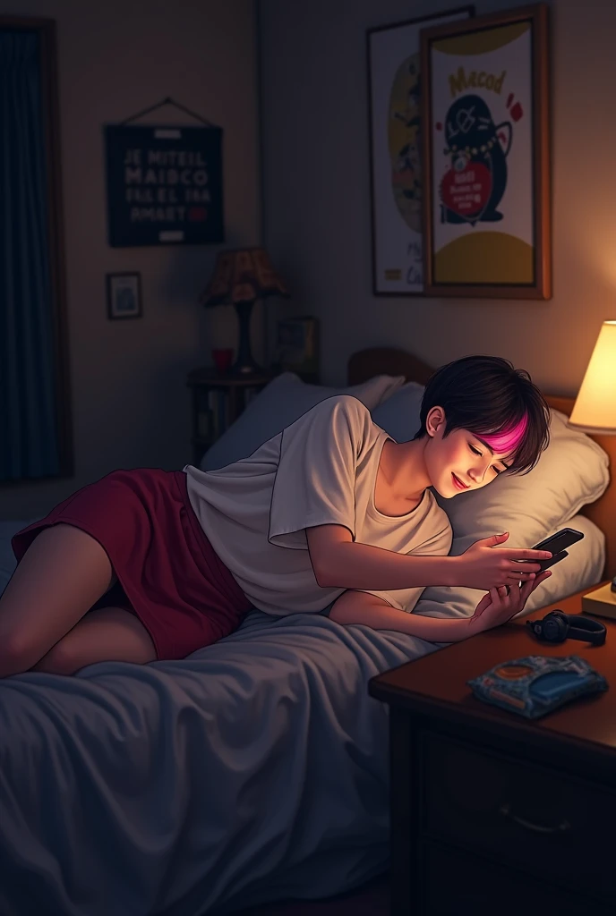 masterpiece, best quality, (extremely detailed CG unity 8k wallpaper), (best quality), (best illustration), (best shadow), absurdres, realistic lighting, (Abyss), beautiful detailed glow, art by PeterMohrBacher. Mateo, approximately 28 years old, with his slender yet slightly curvy body and short wavy hair, wearing a cute pajama set, is lying on his bed, looking at his phone. Small breasts visible under his top. He has a slightly masculine face and the room is filled with video game posters and gaming consoles, with the messy bed visible in the background. The scene is cozy and intimate, with dim lighting creating a relaxing atmosphere.