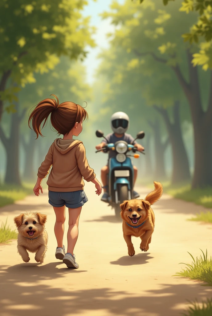 Create a light brown woman image, long straight medium brown hair, she is wearing jean shorts and a pink blouse. A three-year-old boy, blond, curly and messy hair, wearing a blue shirt and white shorts. A chocolate colored labrador, adult size. 
The woman is on the bike and the man is on the back of the bike, while the dog walks beside them. They are on a cobblestone street with several flower beds. Put them walking in the left direction.