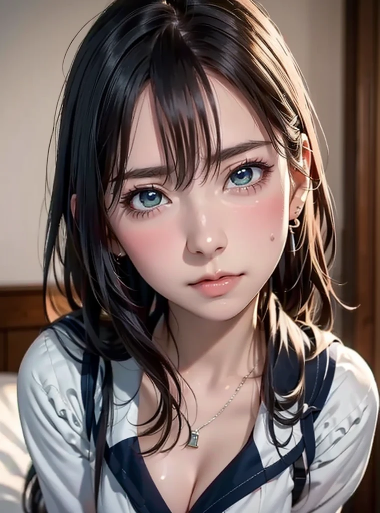(masterpiece: 1.3), (Maximum resolution: 1.2), (Ultra HD TV: 1.2), Cinematic Light, 8K resolution, Detailed facial features , (Sharp focus: 1.2）, (Focus on the face:1.2),Perfect Style, Beautiful Face, Acura, Anatomically correct, Highly detailed face and skin texture, Beautiful Eyes,Beautiful Eyes, Thin eyebrows, Glitter Eyeliner: 1 Natural Cheeks, Glowing Skin, Fair skin: 1.2, (Glossy Lips: 1.4),、 (Embarrassed look: 1.2),Highly detailed face and skin texture, Natural Cheeks, , Glossy Lips: 1.4,Perfect Style、Cleavage、Soft Breasts、（White mucus on chest:1.4）（White mucus on thighs:1.2）、 blush、A humiliating look、Anxious expression、A look of humiliation、Embarrassed look、Glare、anger、sorrow、tears、Open your knees、Spread your legs、 White underwear、Sparkly little earrings and necklace、Disheveled clothes、White panties、sweating、Thin underwear、stockings、Year: 18-year-old, A clean-cut woman,1 person、 Upward-facing chest, Black brown hair、blonde、Silver Hair、Blue-gray eyes、Greenish-gray eyes,night classroom、(High School Uniform:1.4)、masturbation behavior、Masturbation、