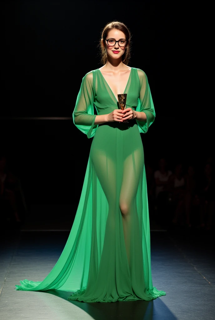 (Best quality, 8k, 32k, Masterpiece, UHD:1.2),Photo of Pretty Japanese woman, 1girl, (medium-short dark brown hair), double eyelid, fashion model,1.77meters， beautiful legs, unique maxi very wet light green dress with slit, off-shoulder, gold belt, choker, stand tall, runway, huge stage, Paris Collection, nsfw, full body, see through,,
