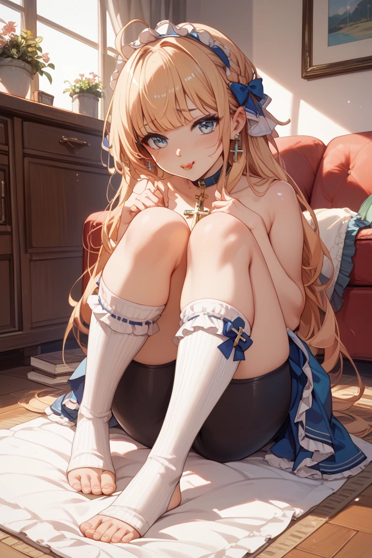 Masterpiece, best quality, yukka uniform, Yukka Ende, (blush, embarrassed), red dirndle, red silk hat, woody bedroom, window, blue sky, daylight, red small hair bows, blue eyes, 1girl, solo, red skirt, realistic white panties, crotch seam, Cameltoe, open mouth, sitting on bed, , knees up, hugging legs,(NSFW: 1.4), ;)