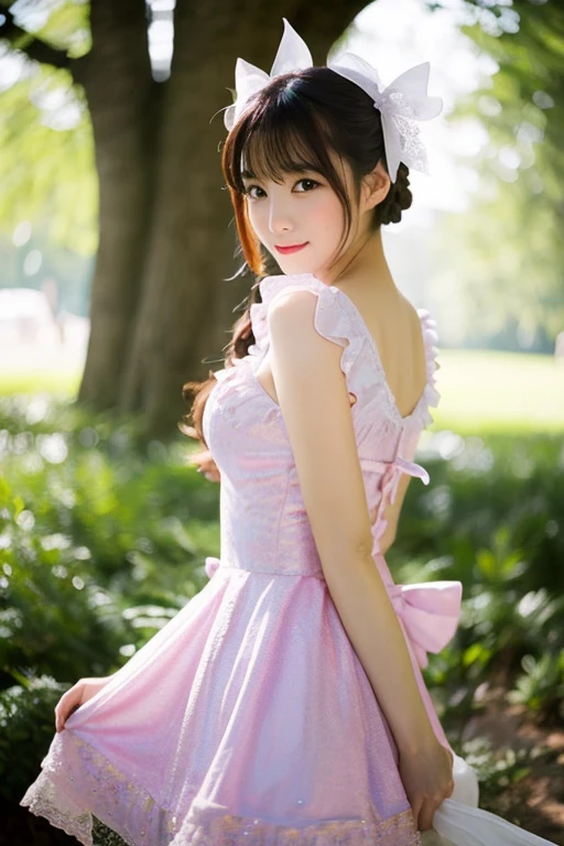 full shot, perfect female body with small breasts and long legs with a narrow waist, european rapunzel girl with long hair who walks along the avenue with cherry blossoms on a sunny day, the girl is wearing a tight ultra-short dress with sexy cutouts on the side, appliqué patterns on a bright blue dress in the form of pink sakura blossoms and the edges of the dress are decorated with a gold ribbon, the girl’s legs are dressed in black stockings with suspenders to the middle of the thighs in a mesh, beautiful graceful blue stilettos with pink bows are on her feet, the girl’s mood is playful flirting and smiling looking at the camera, the girl’s eyes bright blue color with large and long eyelashes with the shape of eyes slanted like a cat, facial features are the best with ideal proportions, the face is oval, the shooting angle is slightly lower, high definition, clear focus, artistic style, photorealistic, the back light of the sun illuminates the contours of the girl drawing a light outline , front light soft, soft shadows, depth of field, beautiful bokeh, lens flare and flare, jerry gionis style, golden ratio, monocle photo lens, monocle style image, optical resolution photo matrix 100 megapixels with detailed detail. --auto --s2