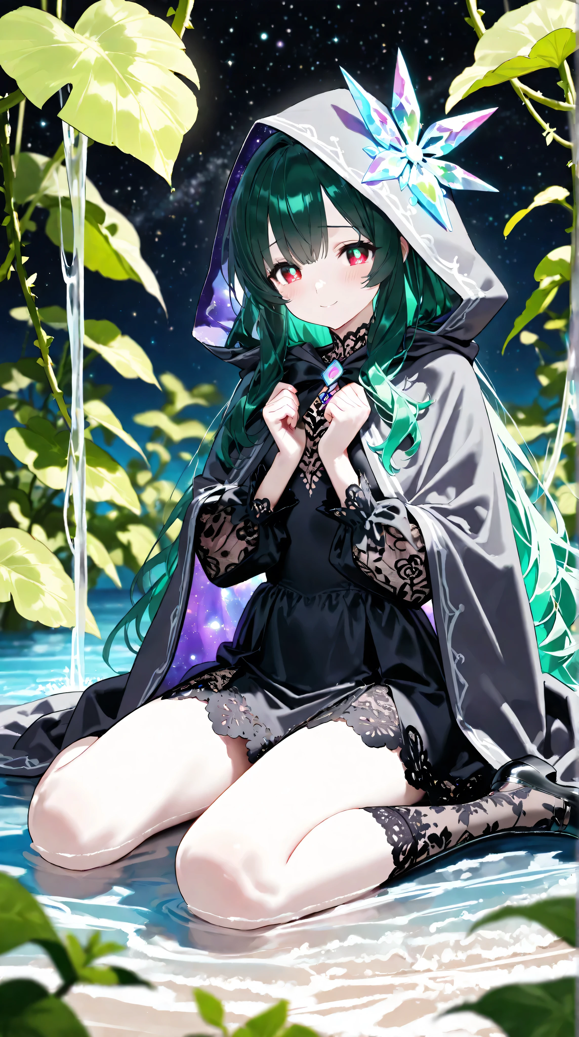 (tmasteriew: 1.4, best quality)+, (super detail)+, [super detail eyes]+,
(A lovely girl), , (dark green pupils: 1.15), long hair, thick hair (Wariza: 1.2), pale skin, charming smile, huge leaves, red eyes, shy
(She is wearing a conservative glowing lace dress, purple pattern, 1.5), (cloak: 1.4) long sleeves, crystal headwear, ocean of vines and flowers, dreamy bubbles, full body picture, long socks,
(Complex glowing starry sky: 1.1),
(Black and White: 1.16), (Depth of Field: 1.4), Complex Details