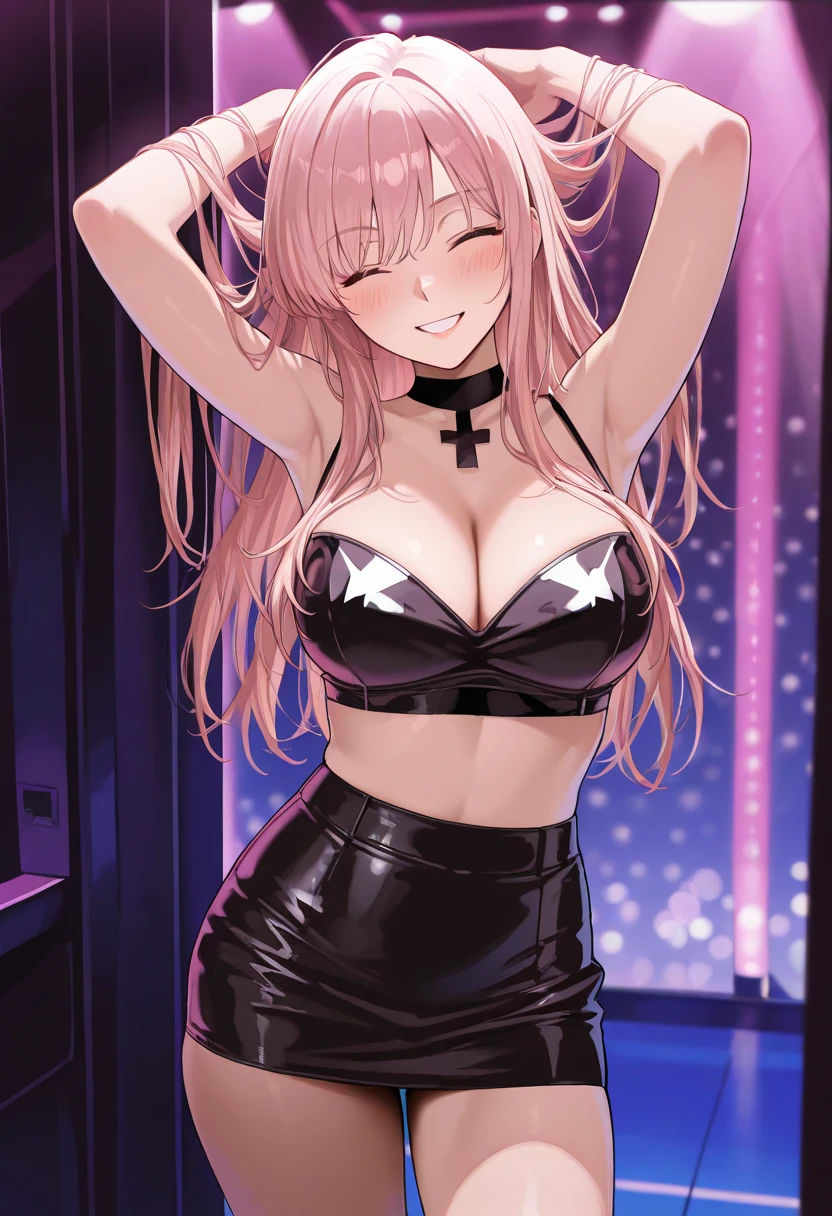 shot from behind, attractive and alluring female erotic dancer is peforming in stage, shoulder-length light pink hair, wearing dark dress and dark tights that reach halfway up her thighs, dark make up, night club, slim, fit, sexy thighs, (insanely detailed, beautiful detailed face, masterpiece, best quality)