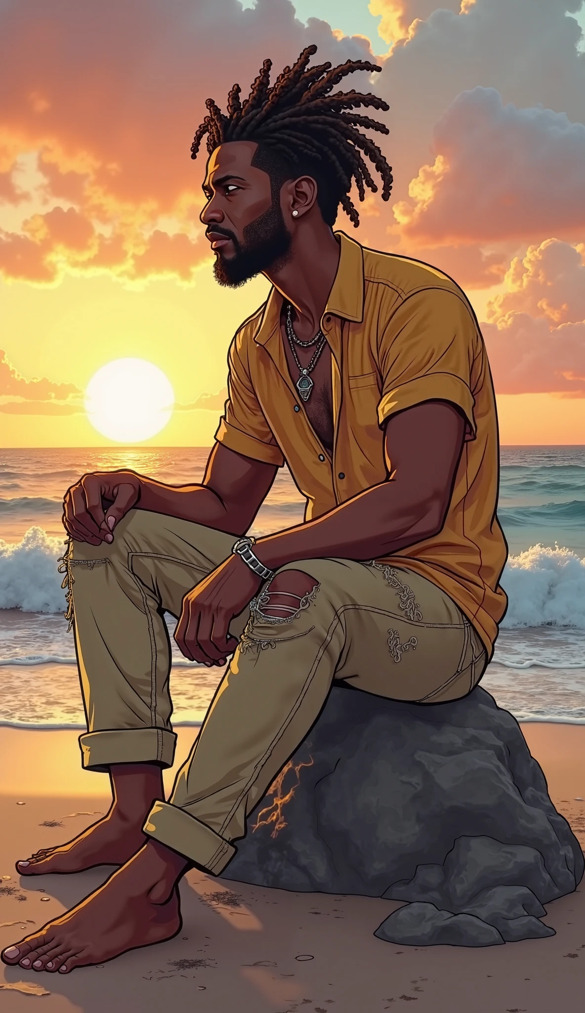 Colored drawing of a man with braids lying under a palm tree in profile a little further away 
