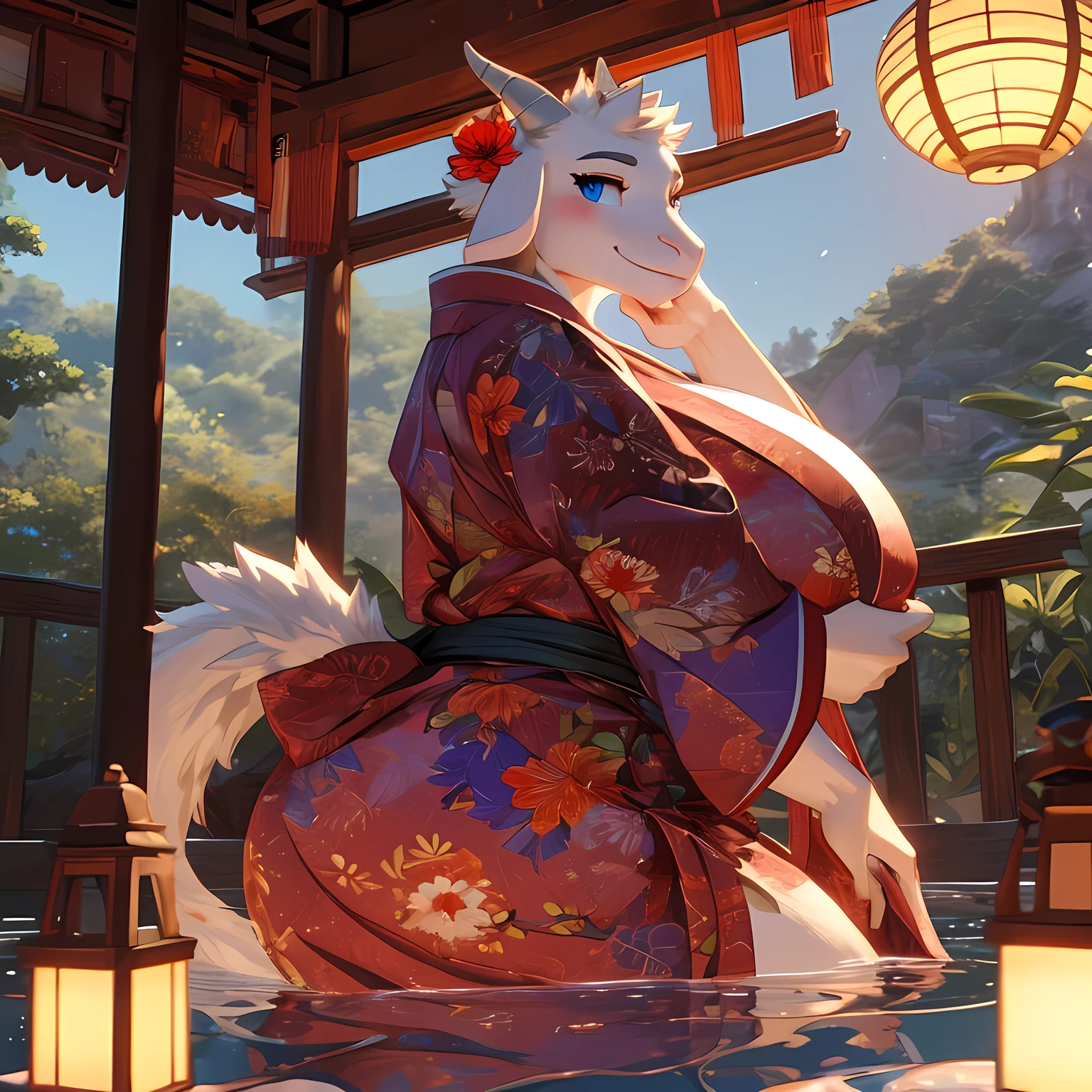 ((greatest masterpiece:1.3, ultimate quality:1.3, ultra-detailed:1.2)), (movie lighting), ((perfectly sensual)), super fine illustration, an extremely delicate and beautiful, 4K, 8K, 16K, UHD, mature female, 40 years old, solo, swept bangs, goat ears, goat mother, big butt , curvy figure milf, (wide belly:1.1), goat face, goat snout, goat nose, goat ear,
goat tail, blue eyes, slit pupils, narrowed eyes, lips, mole under mouth, blush, seductive smile,
shiny skin, chubby, goat tail, floral print, iridescent kimono, black sash, huge breasts, white tabi, foreshortening, indoors, tatami, shouji, japanese garden, pond,
noon, absurdres, detailed background, perfect anatomy