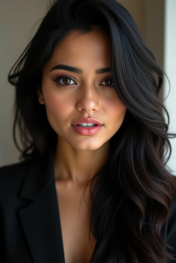 Create an ultra-realistic image of Marina, a modern, attractive female influencer of Indian descent, aged around 40. Marina should have a warm and inviting smile, expressive almond-shaped eyes with a slight shimmer, and clear, glowing skin with a medium brown complexion. Her features should be well-defined, with high cheekbones and a sharp jawline. In this image, Marina should be topless, with her back facing the camera, nsfw image, she is fully nude. Her hairstyle should be long, straight, and flowing over her shoulders, styled similarly to the model in the provided image. Ensure her bust size is slightly larger than the model in the reference image while maintaining an elegant and natural look. The background should be a vibrant, urban setting, perhaps with city lights or a modern street scene, suggesting a cosmopolitan lifestyle. Her overall appearance should exude confidence, approachability, and sophistication, capturing the essence of a contemporary Indian fashion influencer.
