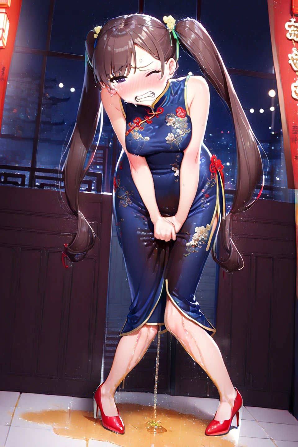 Cheongsam Girl,Long Hair,Pure white background,Depth of written boundary,Low angle view,Calf Level View,Overclocked Renderer,Cinema Lighting,Ultra-fine,Very detailed,complicated,Cinematic Perspective,CG Art,Side zipper