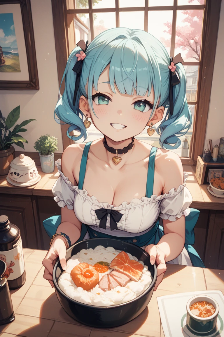 score_9, score_8_up, score_7_up, source_anime, 1girl, madobe nanami, parted lips, looking at viewer, holding plate, hair ornament, hairclip, hairband, white shirt, partially unbuttoned, long sleeves, blue skirt, collarbone, cleavage, indoors <lora:os-tan_7-tan_ponyXL:1>