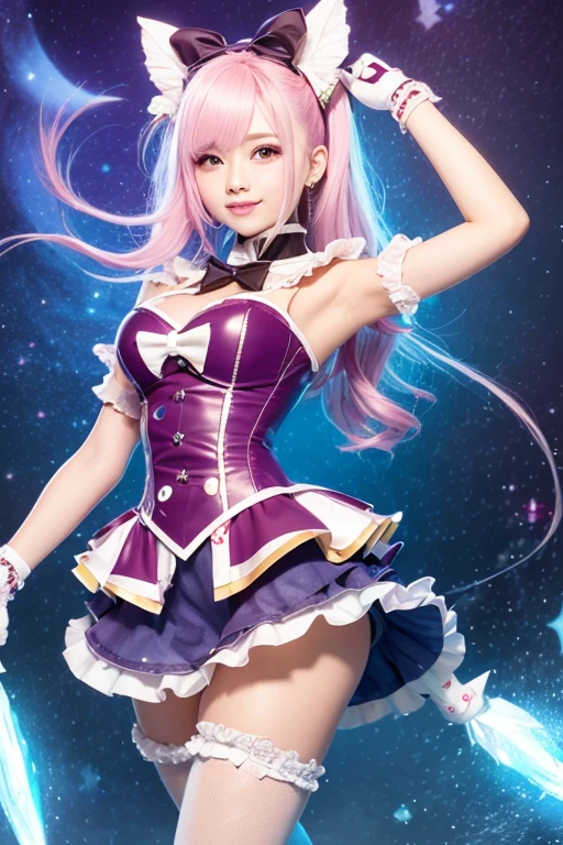 (dynamicposes:1.4)、 (dynamic ungle:1.4)、hyper detailed background、(Near Future City:1.2)、((top-quality、8K、masterpiece:1.3))、1girl in、A smile、full body Esbian、Slim Faces、Pretty women、(Silvery hair:1.1)、hyperdetailed face、A detailed eye、二重まぶた、blured background、Slim Faces、Cute、extremely delicate and beautiful、A mischievous grinning face、Overall、ultra-detailliert、4K、masutepiece、small mouth、((Colossal tits:1.1))、(blanche、pink there、magicalgirl、Leotard、frilld、highleg、Strapless、Strapless Bras:1.4)、hime-cut、Small smiling mouth、a small face、Angle from below、low angles、(pantyshot:1.1)、Holding a white scythe