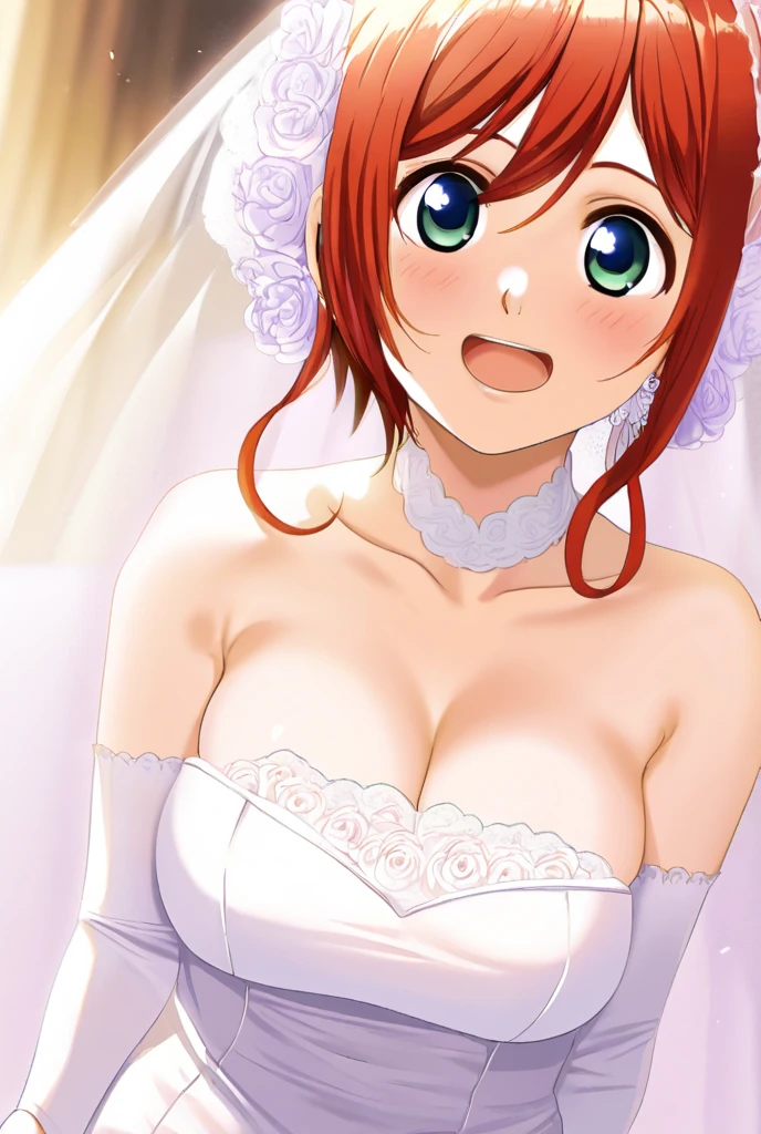 Close-up of beautiful bride wearing beautiful wedding dress, Gurwitz, (bridal veil:1.5), (Transparent short veil:1.5), Blushing face, head flower, headgear, (tube top wedding dress: 1.5), (Silk dress: 1.2) (Strapless wedding dress: 1.5) pure white dress, necklace, earrings, (large breasts:1.3), Deep V peach heart collar wedding dress, bangs, lipstick, (lace gloves: 1.3), whole body, high detail RAW color art, Long white dress, whole body, place your hands behind your back