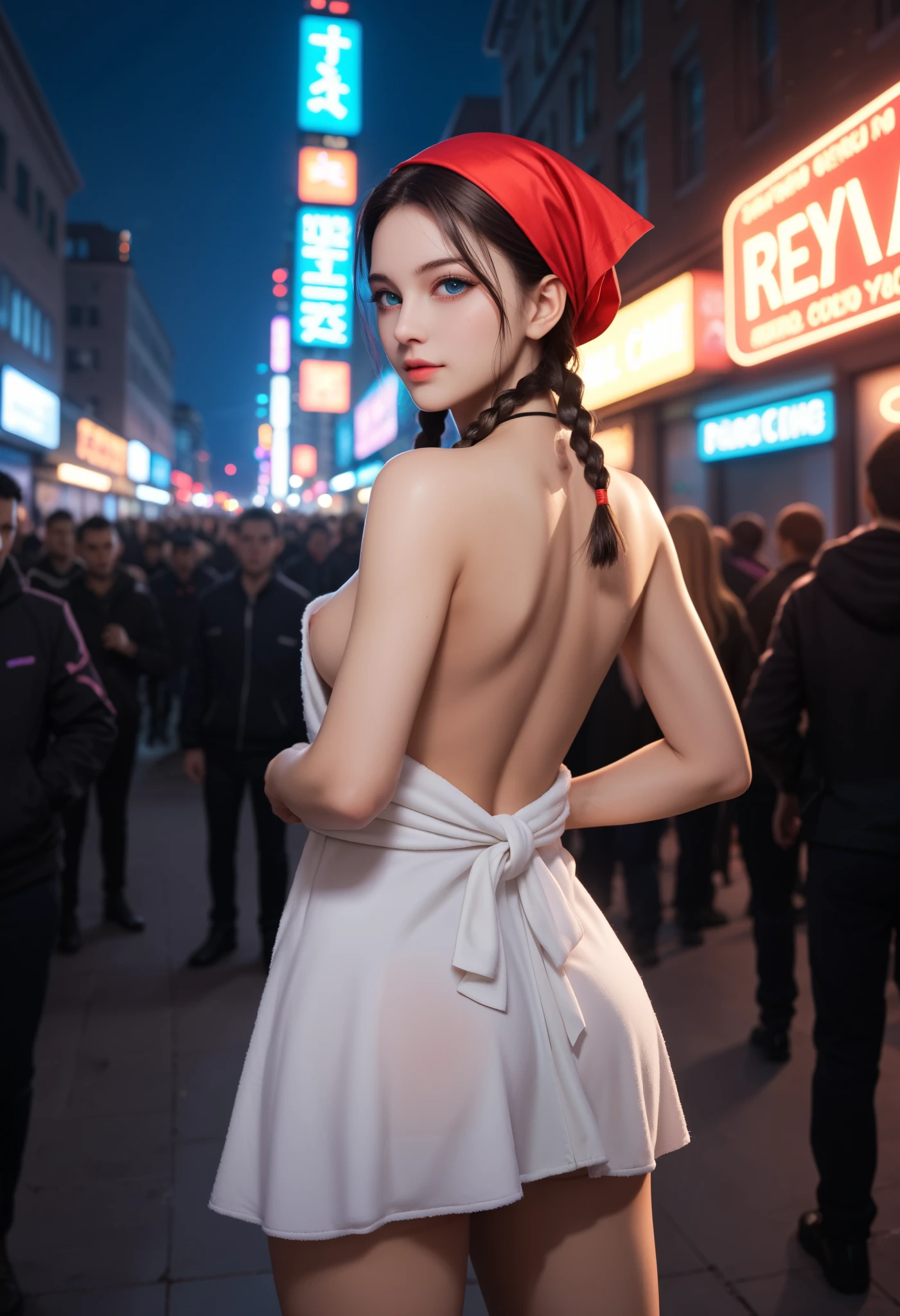 (dark sky, dark env, night time,cinematic lighting, motion blur, glowing light,rgb lighting,colorful, blue rays, red rays,god rays, ray tracing, reflection light, backlighting, crowded people, male-female crowd, city, very crowded, neon lights, cyberpunk, close up), cara,Russian race, European race,Height 160cm, Adult, 21 years old, makeup less, raw face, natural face, no makeup, pretty, concise hair, short hair, hair braids, bandana,kerchief,handkerchief on head, soft smooth normal figure, medium body weight, medium big breasts,naked breasts, towel wrapped under hip, towel skirt, looking at the viewer, both eyes on viewer, full face on viewer, clear face on viewer, looking at viewer, ass view, showing back