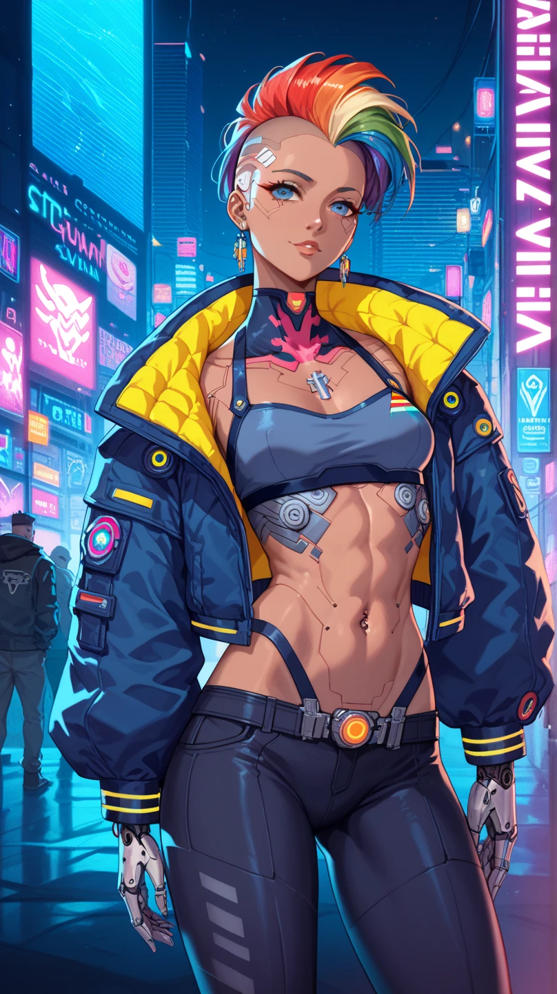 1 girl, rainbow mohawk, petite slim body, polynesian origin, dark brown skin, cyberpunk leisurewear athletic clothing + mirrorshades + urban flash jacket, cyberpunk netrunner, cybernetic implants, anime, gritty cyberpunk city, dark color palette, neon lights, 