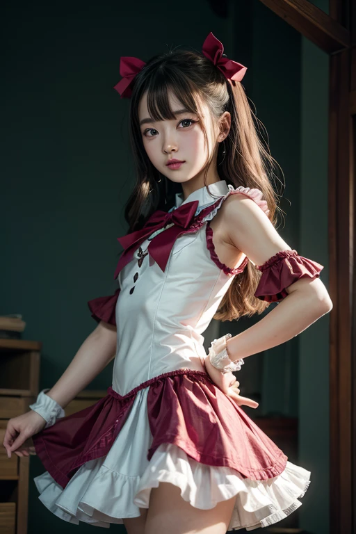 girl black short dress , red bow, 