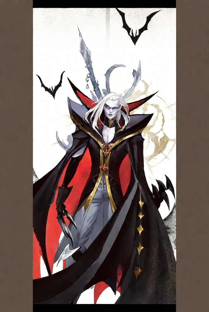 Develop an image depicting Alucard, the protagonist of Castlevania: Symphony of the Night, in a lateralized pose, showcasing his entire body. The image should convey the character's dark duality, inviting the viewer to delve into his mind and experiences. Alucard is portrayed amidst a gothic and mysterious environment, with details that emphasize the consequences of his cursed heritage. Show Alucard wielding a variety of weapons and magic. Describe reflections on his own identity and purpose. Create an immersive atmosphere filled with mysteries, capturing the gothic and dark world of Dracula's Castle. Capture the complexity of Alucard's character, his internal motivations, and the evolution of his journey. Leave room for surprising twists and emotional moments that define this iconic figure. Transport viewers into the world of Castlevania: Symphony of the Night, allowing them to explore the rich psychology and adventures of this captivating character.