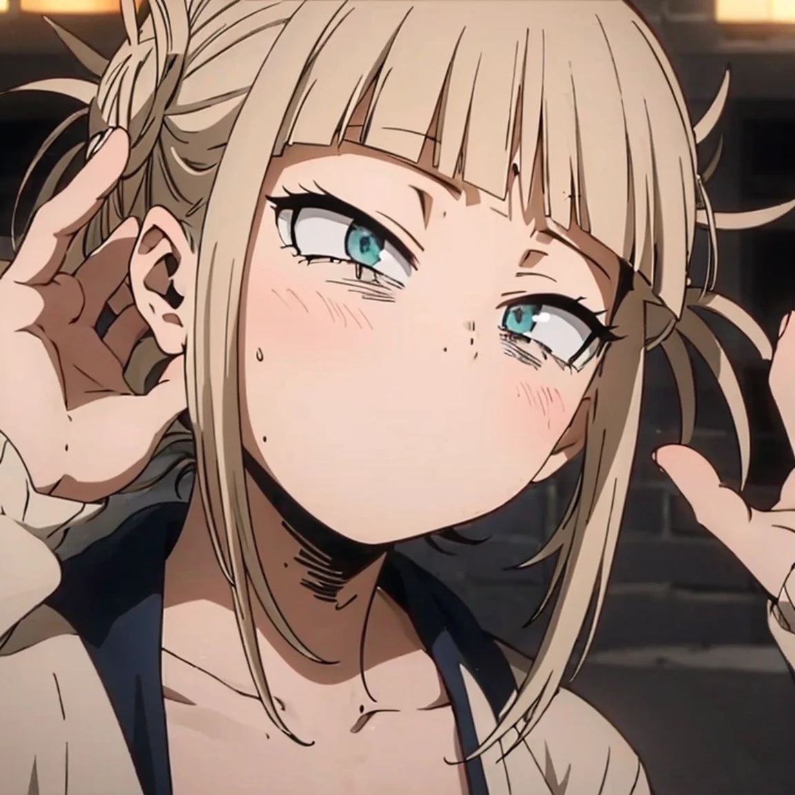 (himiko toga),(Anime),+,(Boku no hero academia),(kohei horikoshi),(Yellow eyes and cat's pupils), (short blonde hair with two pompoms), (with a perverted smile on her face with two cat-style teeth on top and two cat-style teeth on the bottom), (wearing),+,(a sexualized Christmas-style dress),+,(Beautiful image),(8k high image),(High resolution image)