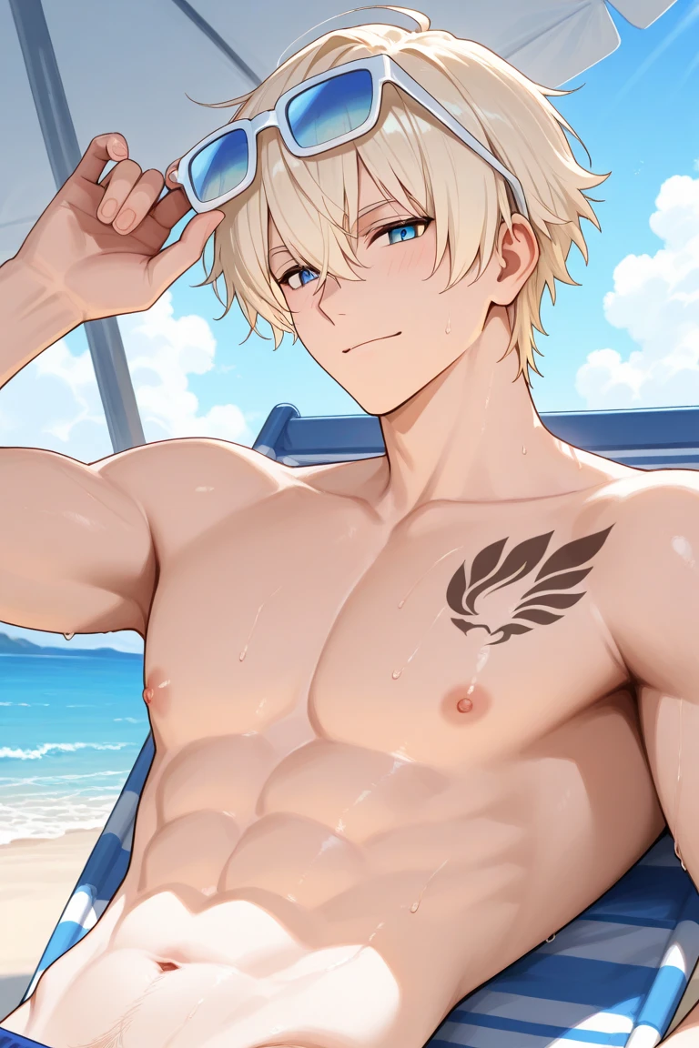 absurdres, highres, ultra detailed, HDR, master piece, best quality, Gojou Satoru, white hair, expressive blue eyes, white eyelashes, Jujutsu Kaisen, solo, sexy man, handsome, horny, lewd, black hat, fantasy black pirate clothes, accessories, showing the chest, beach, sea, petals, flowers
