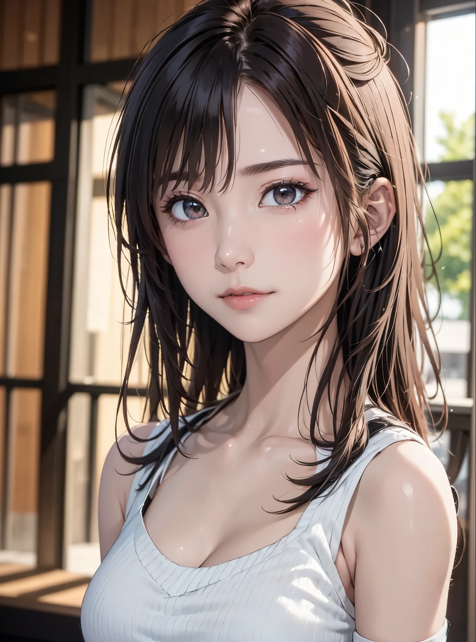 (in 8K, top-quality, masterpiece:1.2), (realisitic, Photorealsitic:1.37), ultra-detailliert, Natural sunlight, mideum breasts, I can see the cleavage, 1 persons, 25 year old woman, Dark hair, Pendants, Torn shorts, Light Knit V-Neck Shirt, At the time of performance, extremely detailed face and skin, A detailed eye, extremely detailed face and skin