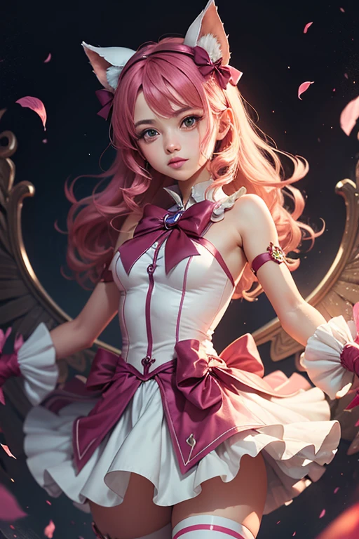 (Best quality, 8k, 32k, Masterpiece, UHD:1.2),Photo of beautyfull woman, 1girl, smile,(open mouth:1.4),<lora:locon_cure_prism_02:0.9> cure prism, pink hair, long hair, side braid, white ascot, white boots, elbow gloves, hair ribbon, earrings, layered skirt, heart ahoge, sleeveless