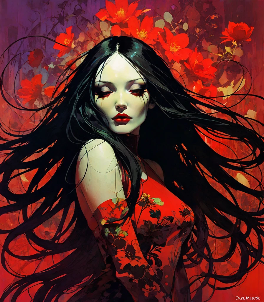 a tangle of black hair and red thorns in contemporary art style