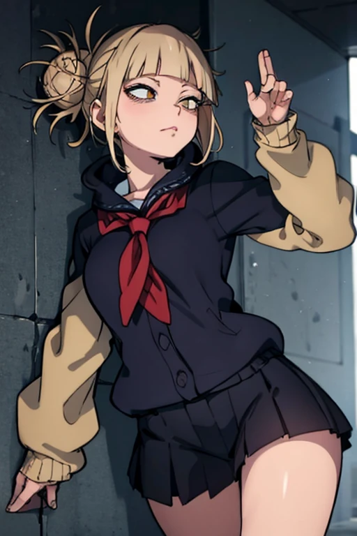 Himiko toga ,\(my hero academia\),my hero academia,perfect image,perfect eyes ofhimiko toga\(my hero academia\),my hero academia,perfect image,perfect eyes,Short blonde hair with two messy flesh in the hair and yellow eyes with cat pupils,Wearing a long strapless black dress with a very sexual pencil skirt highlighting her ass