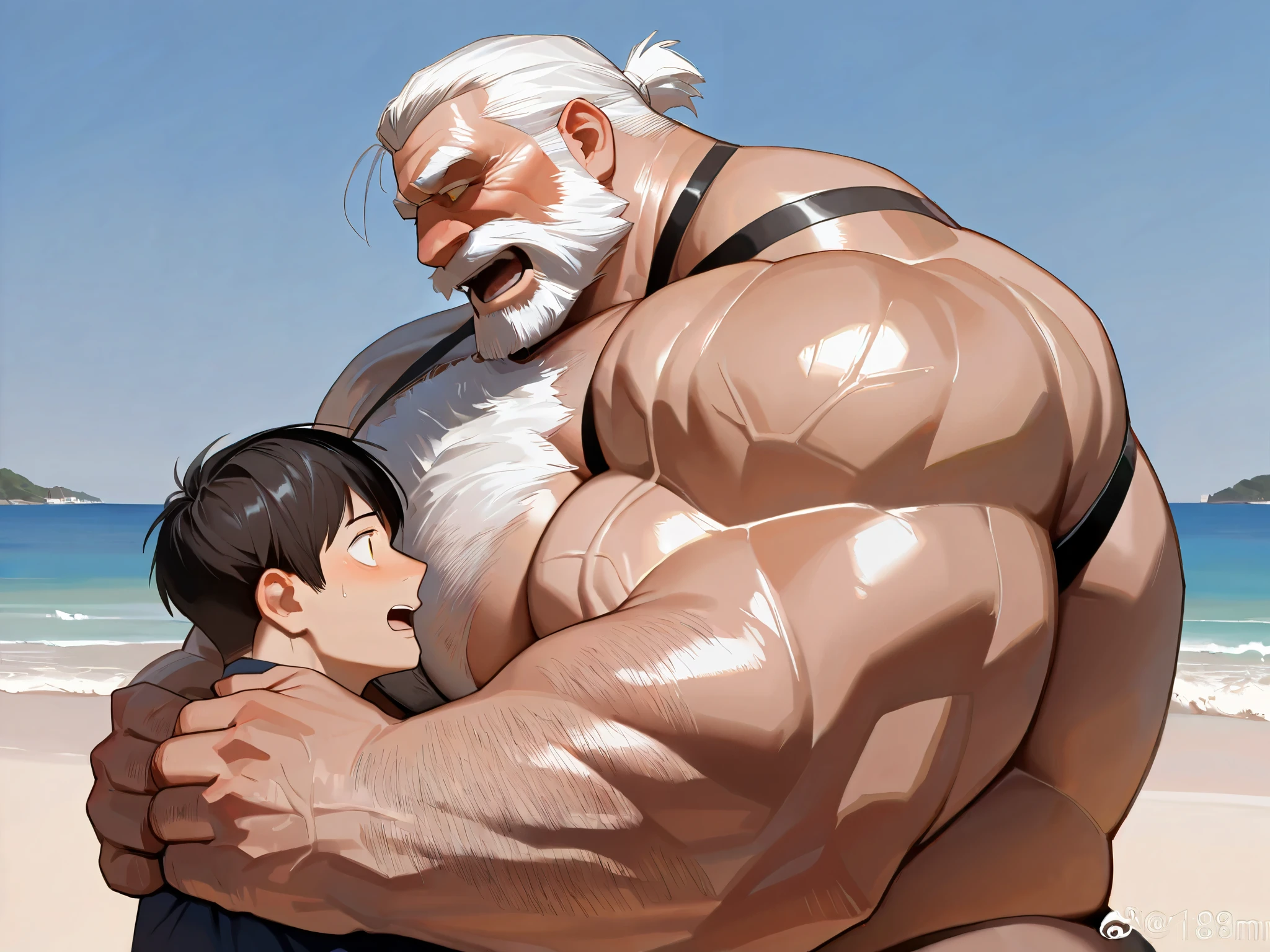 2man, massive muscular old man jockstrap in beach, side view, (old man (massive muscular, giga, bara, big arm, biggest arm, biggest muscular, biggest chest , big chest, big pec, massive pectoral, big bicep, open eyes, yellow eyes, detailed eyes, eyes, extremely detailed muscle, short hair, white bearded, yellow hair, human, old, old man), masterpiece, 8k, high detail, f/1.8, 135mm, Nikon, UHD, retina, masterpiece, ccurate, anatomically correct, textured skin, super detail, high details, high quality, best quality, highres, 1080P, HD, 4K, 8k