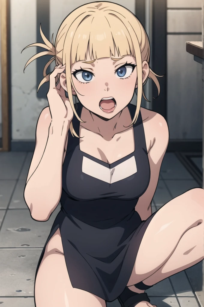 masterpiece, best quality, (1girl), himiko_toga, my hero academia\(series\) micro bikini, detached collar, outdoor, night street, shiny skin, from above, thigh thighs, embarrassed face