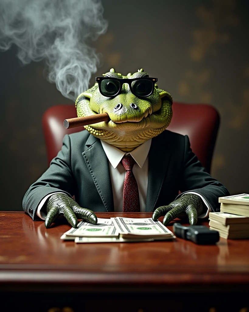A crocodile, Looking confident and satisfied, showing human like greed, wearing a formal tie, and sunglasses, sitting on a antique mahogany desk, smoking a big smoky cigar, in mouth, stacks of of money, pistol on desk, paw on pistol, smoke-filled room, moody lighting, depth of field, detailed textures, (Masterpiece, high resolution), hyperrealism, 
