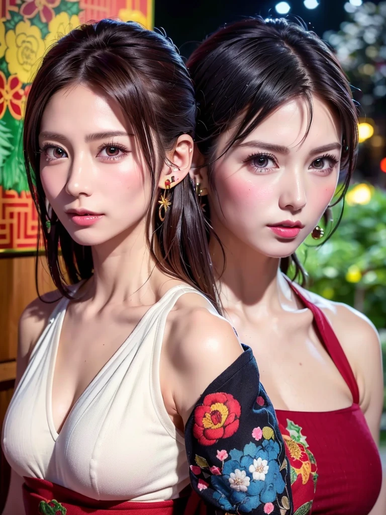 (1women), Updo hairstyle, (round eyes:1.2), (highly detailed face), (extremely detailed beautiful face), (floral pattern yukata), cleavage, (Best Quality:1.4), (Ultra-detailed), extremely detailed CG unified 8k wallpaper, Realistic portrait, Beautiful detailed, High-definition raw color photos, professional photography, night sky, beautiful milky way, (fine face:1.2), focus on women, tanabata,