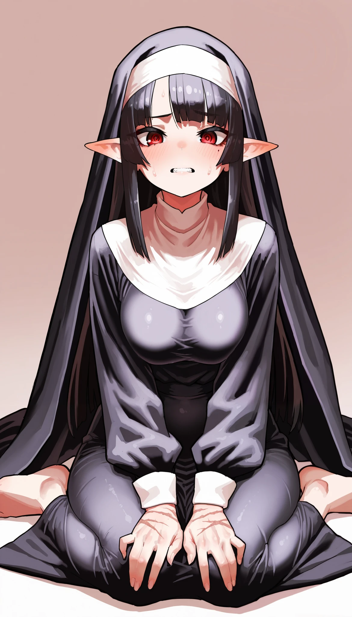 masterpiece, best quality, very detailed illustrations, <lora:devilgirlvk-15:0.5>, 1girl, solo, long black hair, horns, pointy ears, red eyes, looking at viewer, naked, Lying there, sweaty, blush, open mouth, fangs, red lips, makeup, spread legs,